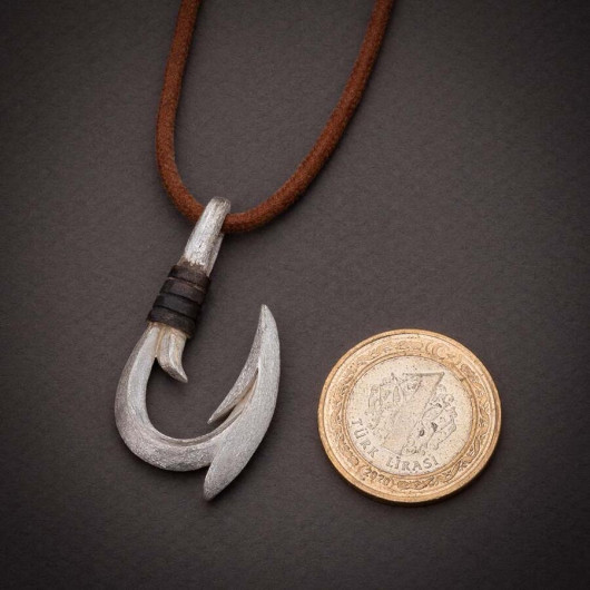 Men's 925 Sterling Silver Hook Necklace Matte Detailed Leather Cord