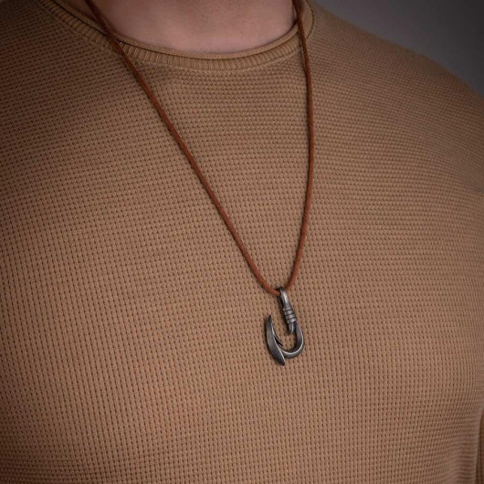Men's 925 Sterling Silver Hook Necklace Matte Silver Color Leather Drawstring