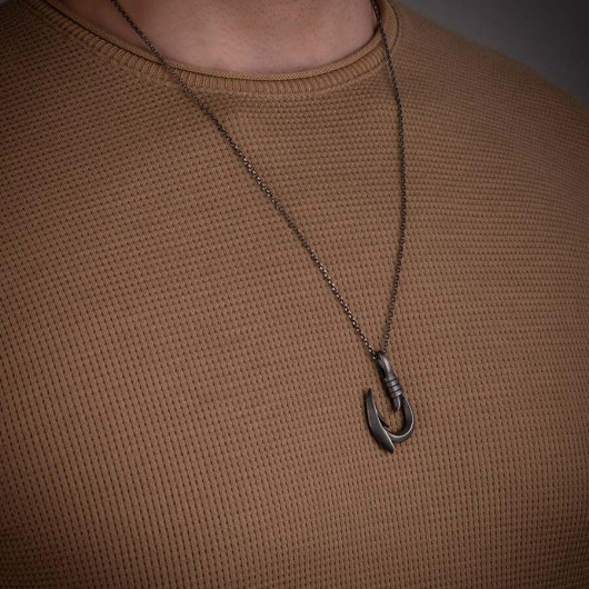 Men's 925 Sterling Silver Hook Necklace Matte Silver Color Chain Model2