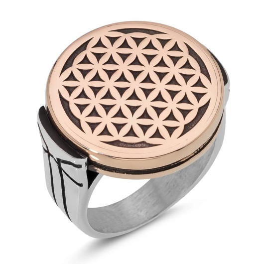 Men's Silver Round Model Flower Of Life Ring Silver-Bronze Color