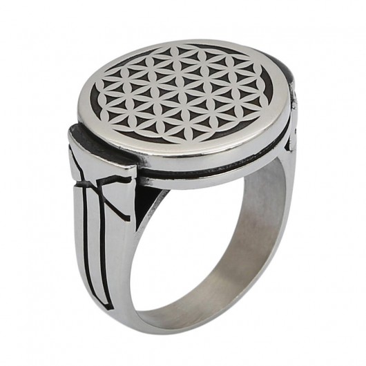 Men's Silver Round Model Flower Of Life Ring Silver Color