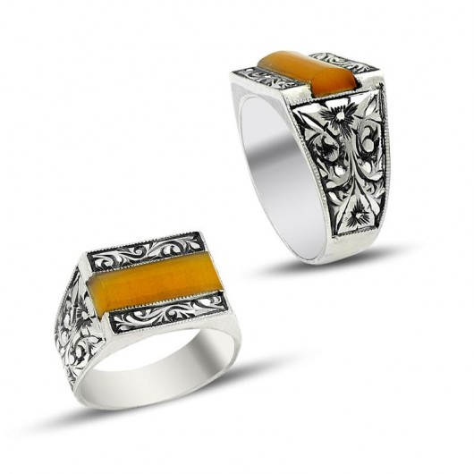 Handmade Pressed Amber Silver Men's Ring From The Erzurum Region Of Turkey