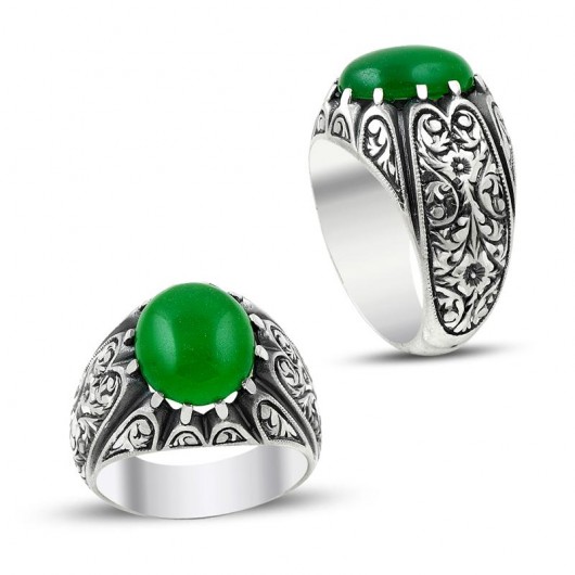 خاتم كهرمان أصلي رجالي من الفضة باللون الأخضر