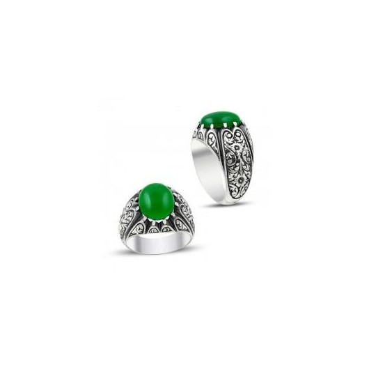 خاتم كهرمان أصلي رجالي من الفضة باللون الأخضر
