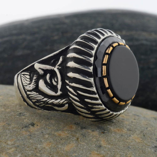 Men's Silver Ring With Light Fluff, Sultan Muhammad, With An Engraved Black Onyx Stone