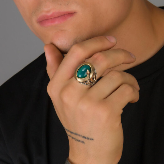 خاتم فضة رجالي ثعبان بحجر اخضر