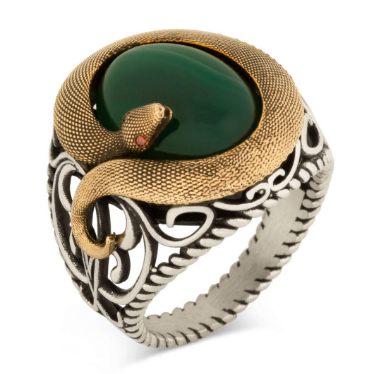Fierce Snake Snake Patterned Green Stone Sterling Silver Men's Ring