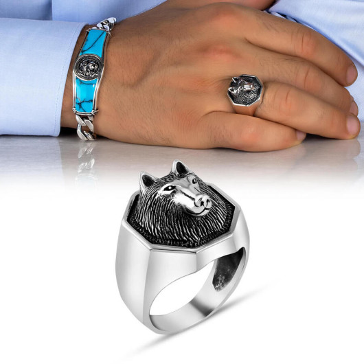 خاتم رجالي من الفضة عيار 925 بتصميم رأس ذئب رمادي