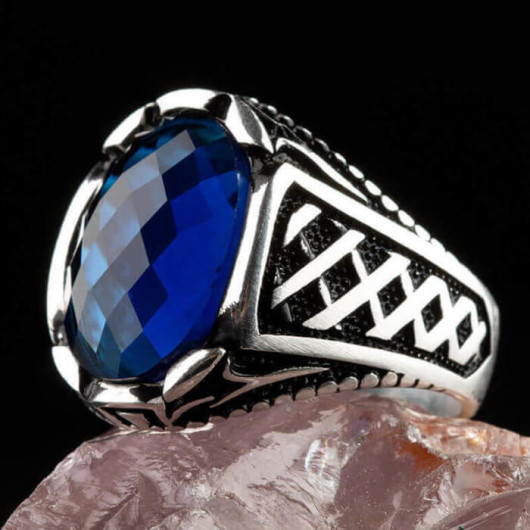 Sterling Silver Oval Blue Zircon Stone Men's Ring