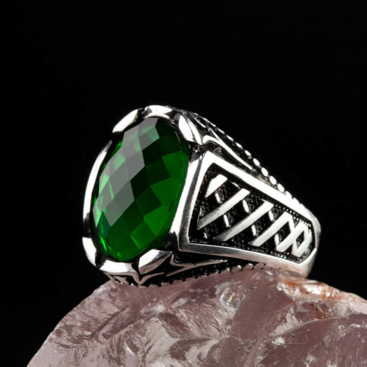 Sterling Silver Oval Green Zircon Stone Men's Ring