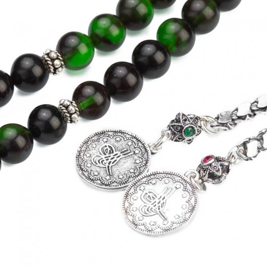 Silver Tasseled Globe Cut Spinning Amber Green Moire Rosary