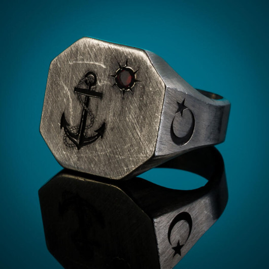 Men's Ring In The Shape Of An Eight Anchor Of Silver, And The Shape Of A Miniature Crescent And Star Made Of Red Zircon Stone