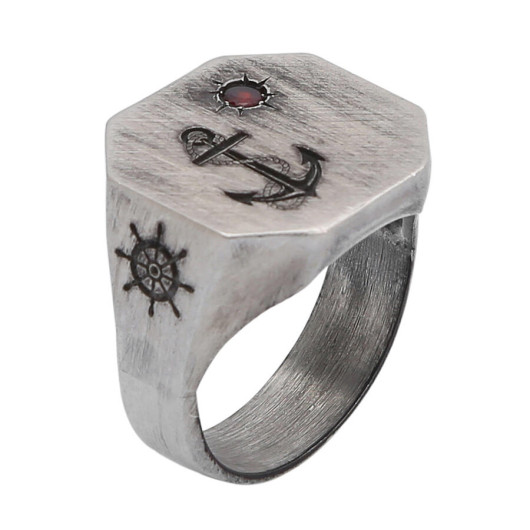 Men's Ring In The Shape Of An Eight Anchor Of Silver, And The Shape Of A Miniature Crescent And Star Made Of Red Zircon Stone