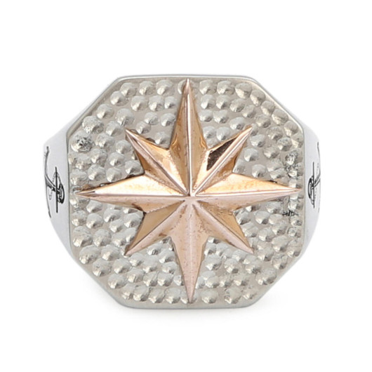 Men's Silver Ring In The Form Of The North Star Compass And Anchor, Octagonal Model