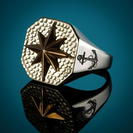 Men's Silver Ring In The Form Of The North Star Compass And Anchor, Octagonal Model