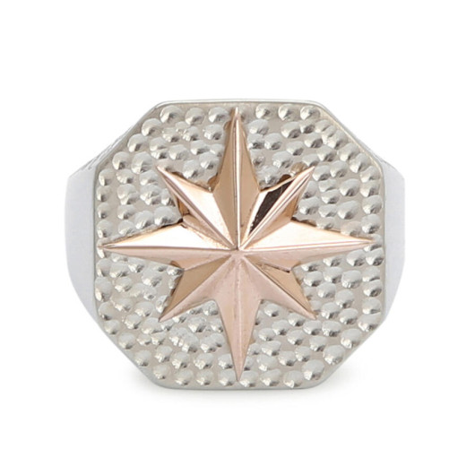 Silver Octagon North Star Compass Model Men's Ring