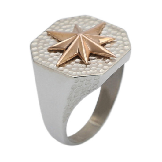Silver Octagon North Star Compass Model Men's Ring