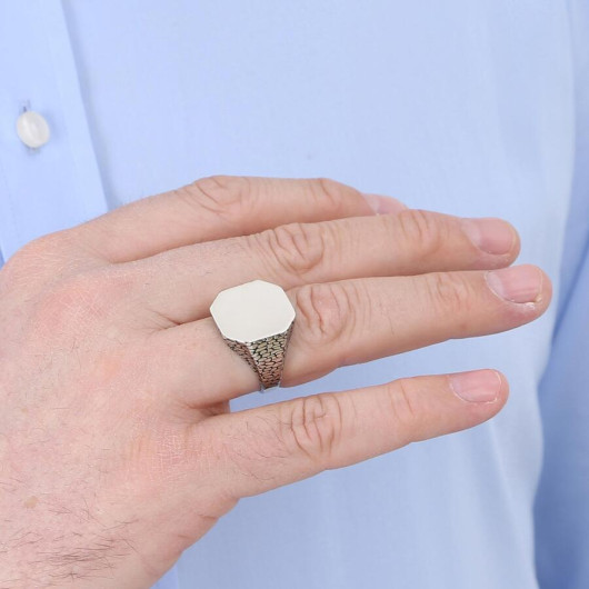Silver Octagonal Simple Design Men's Ring Patterned Model