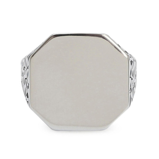 Silver Octagonal Simple Design Men's Ring Leaf Patterned Model