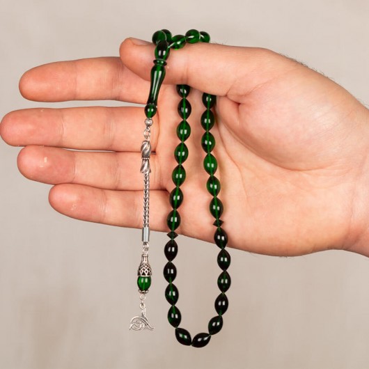 Silver Tugra Tasseled Barley Cut Green Spinning Amber Rosary
