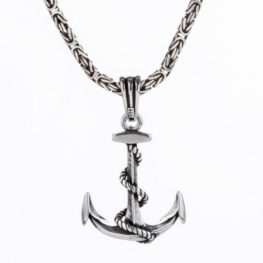 Rope Spiral Anchor Model 925 Sterling Silver Men's Necklace With King Chain