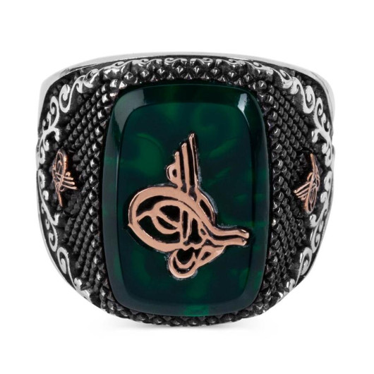 Embossed Monogram Rectangular Green Agate Stone Silver Men's Ring