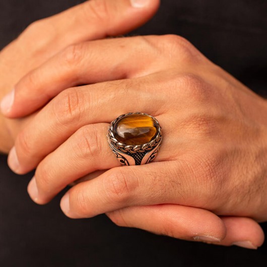 Silver Men's Ring With Brown Tiger's Eye Stone