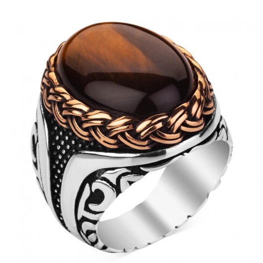 Silver Men's Ring With Brown Tiger's Eye Stone
