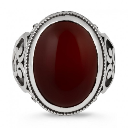 Heart Patterned Claret Red Agate Stone Sterling Silver Men's Ring