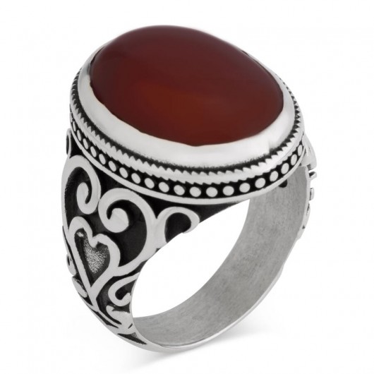 Heart Patterned Claret Red Agate Stone Sterling Silver Men's Ring