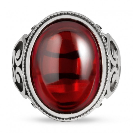 Heart Patterned Red Zircon Stone Sterling Silver Men's Ring