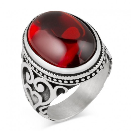 Heart Patterned Red Zircon Stone Sterling Silver Men's Ring