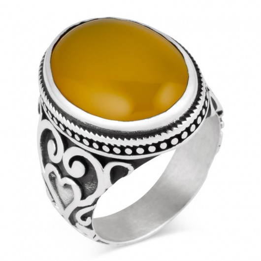 Heart Patterned Yellow Stone Sterling Silver Men's Ring