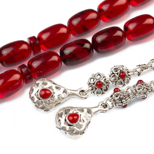 Capsule Cut Silver Tasseled Red Spinning Amber Rosary