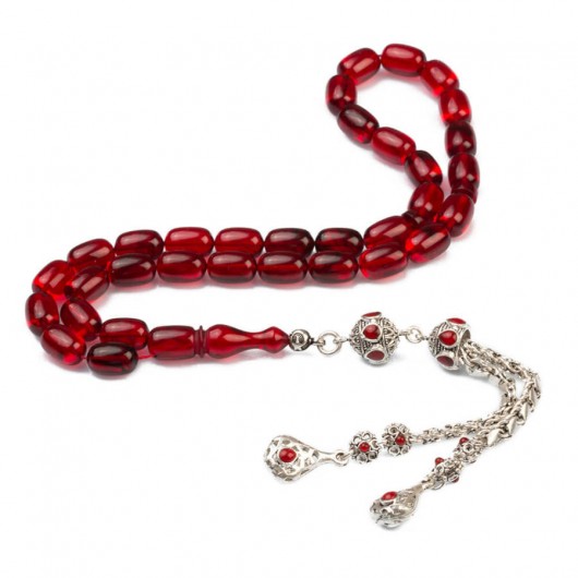 Capsule Cut Silver Tasseled Red Spinning Amber Rosary