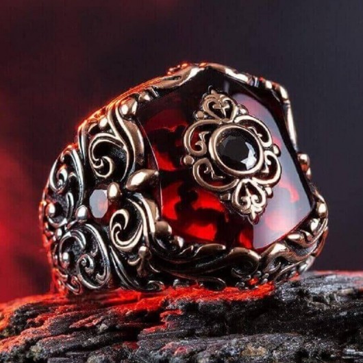 Tile Model Zircon Red Stone Sterling Silver Men's Ring