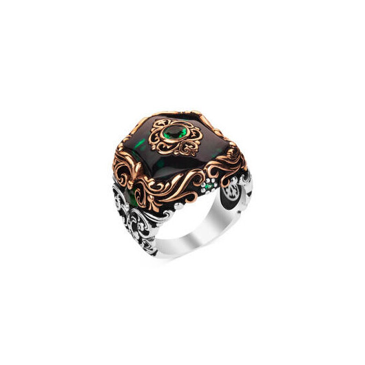 Tile Model Zircon Green Stone Silver Men's Ring