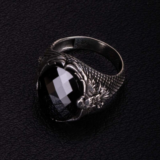 خاتم رجالي من الفضة عيار 925 مزين بحجر الزركون الأسود وشكل نسر