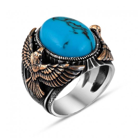 Eagle Motif Turquoise Turquoise Stone Sterling Silver Men's Ring