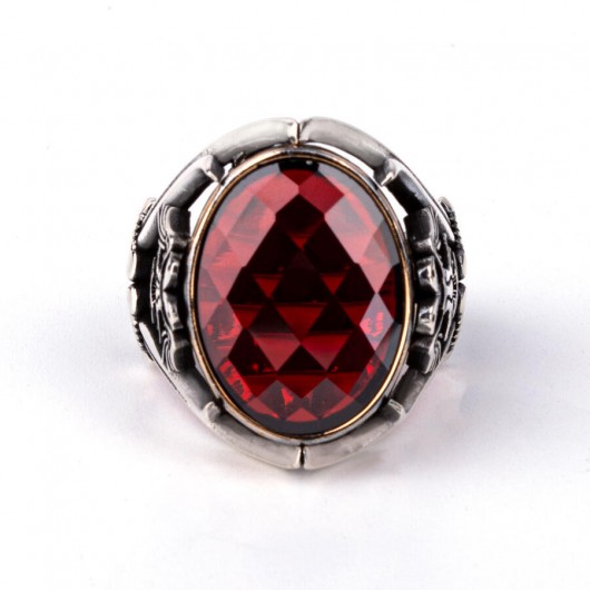 Sword Detail Blood Red Zircon Stone Sterling Silver Ring