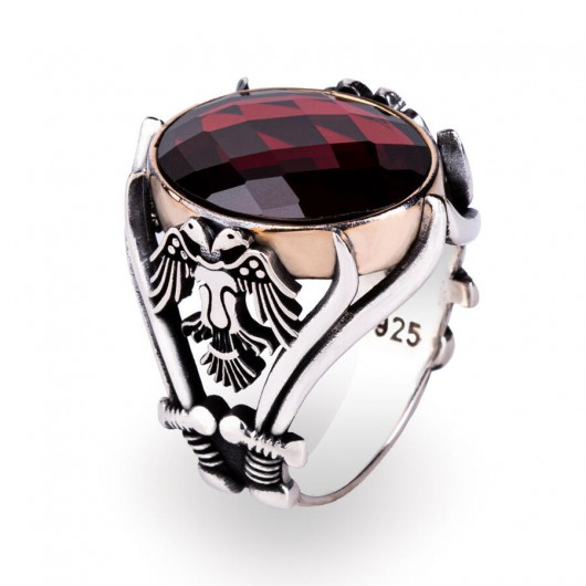 Sword Detail Blood Red Zircon Stone Sterling Silver Ring