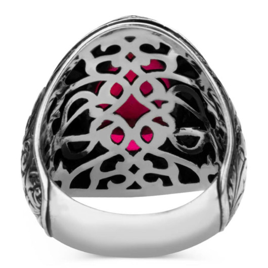 Red Stone Pen Engraving Patterned Sterling Silver Men's Ring