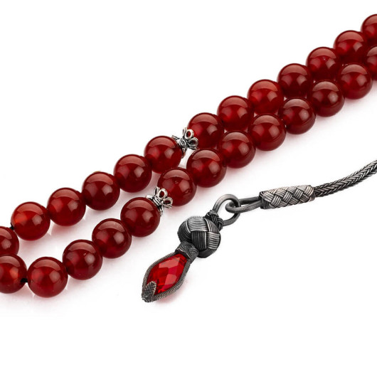 Red Agate Stone Silver Necklace Rosary