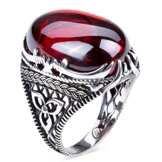 Red Zircon Stone Sword Figured Sterling Silver Men's Ring