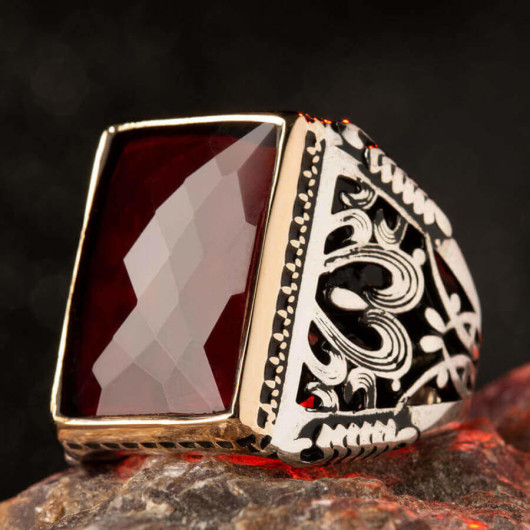 Red Zircon Stone Rectangle Big Sterling Silver Men's Ring