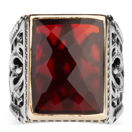 Red Zircon Stone Rectangle Big Sterling Silver Men's Ring