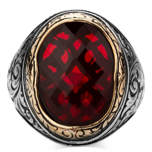Red Zircon Stone Pen Engraving Pattern Sterling Silver Men's Ring