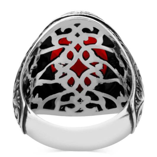 Red Zircon Stone Pen Engraving Pattern Sterling Silver Men's Ring