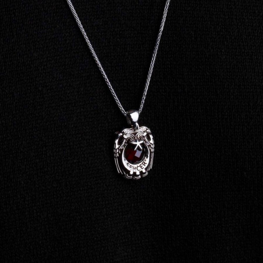 Red Zircon Stone Claw Eagle Detailed Sterling Silver Necklace