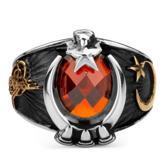 Men's Ring In The Shape Of A Star And Moon Inlaid With Red Zircon Stone